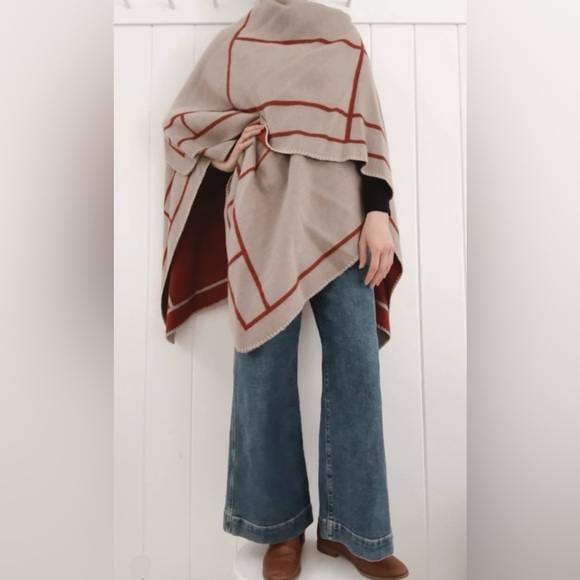 Reversible Blanket Shawl Cape Burnt Red Orange Beige Tan Linear Geometric Warm - Picture 4 of 10